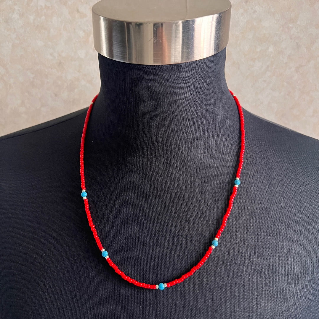 ターコイズミックスビーズネックレス Red 60cm 3ミリビーズ